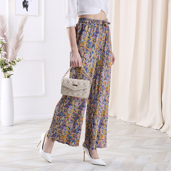 Women's patterned wide-leg pants in yellow- Clothing