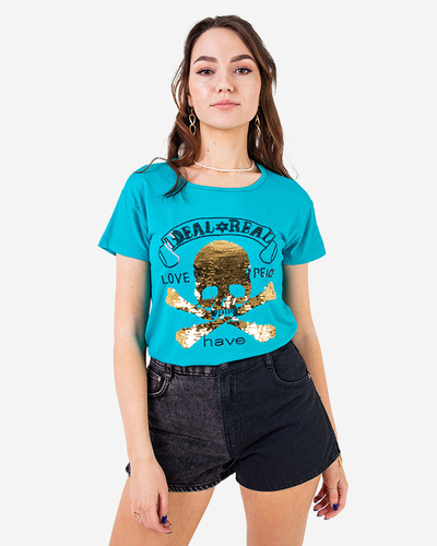 Синяя женская футболка с пайетками и надписями