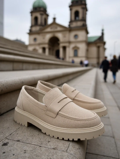 Callista women's loafers beige, ecological leather, flat heel 4 cm