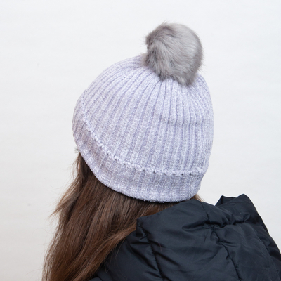 Gray insulated beanie with white stripes and pompom - Accessories