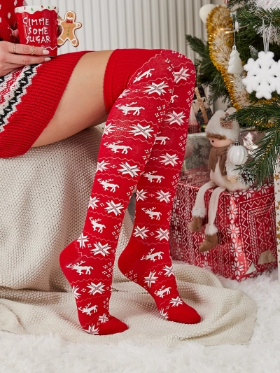 Royalfashion Women's Christmas over-the-knee socks in red