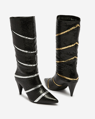 Black and silver women's stiletto heeled boots with embossed stripes Felifea- Footwear