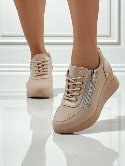 HeraBea women's wedge sneakers, beige, made of eco-leather, 6.5 cm with a zipper