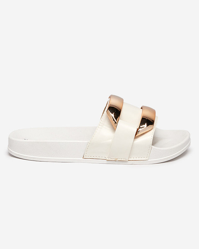Women's white slippers with golden Serina ornament - Footwear