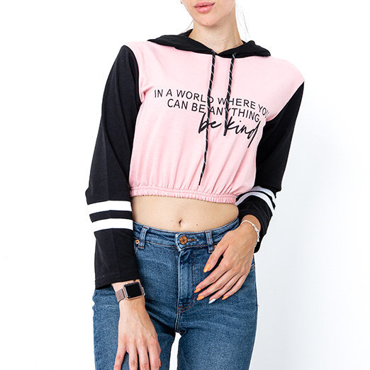 Roosa naiste crop-top kapuutsiga dressipluus kirjadega - Riietus