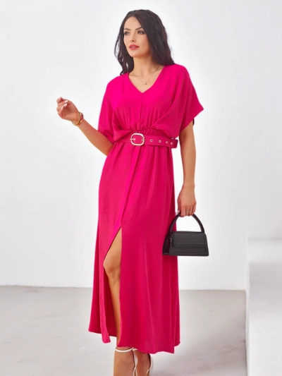 Royalfashion Women's midi dress with short sleeves, V-neck, and center slit