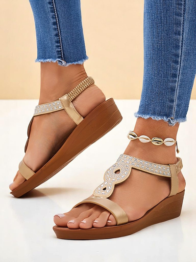 Aurelia Royalfashion Women's Wedge Sandals Gold Faux Leather