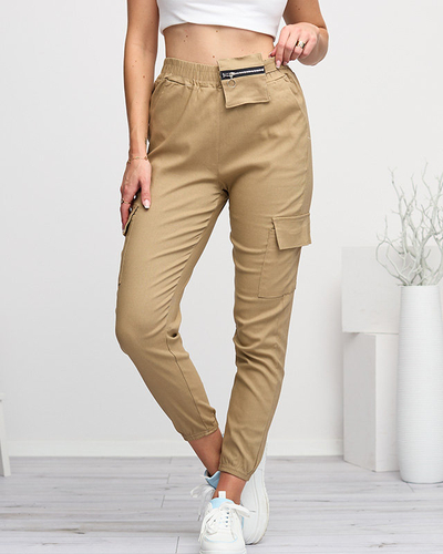Light brown women's cargo pants with a detachable pocket - Clothing