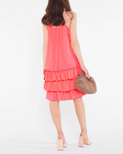 Pink neon women's dress on straps with frills - Clothing