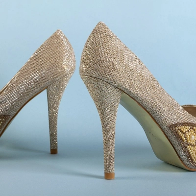 OUTLET Gold women's shiny high heels with cubic zirconia and pearls Mira - Footwear