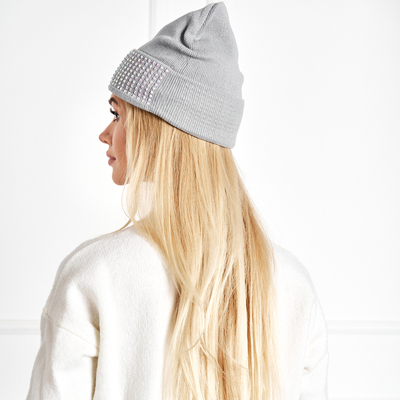 Ladies' gray beanie with pearls - Accessories