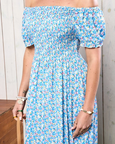 Blue women's midi dress with floral pattern - Clothing