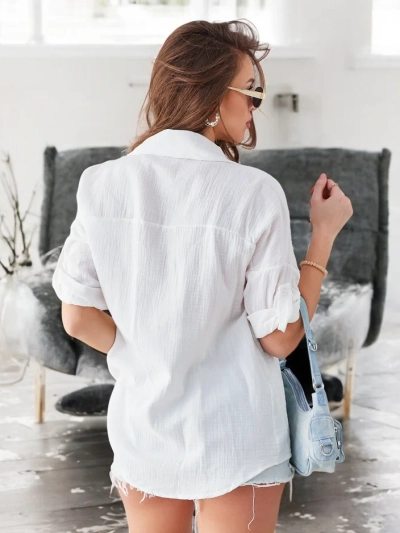 Royalfashion Women's cotton shirt with embossing and a V-neck and 3/4 sleeves