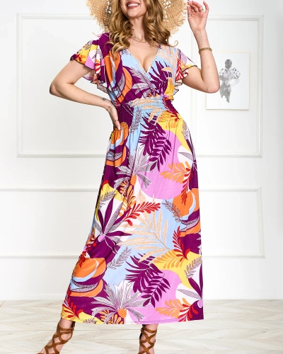 Purple women's long dress with floral print - Clothing