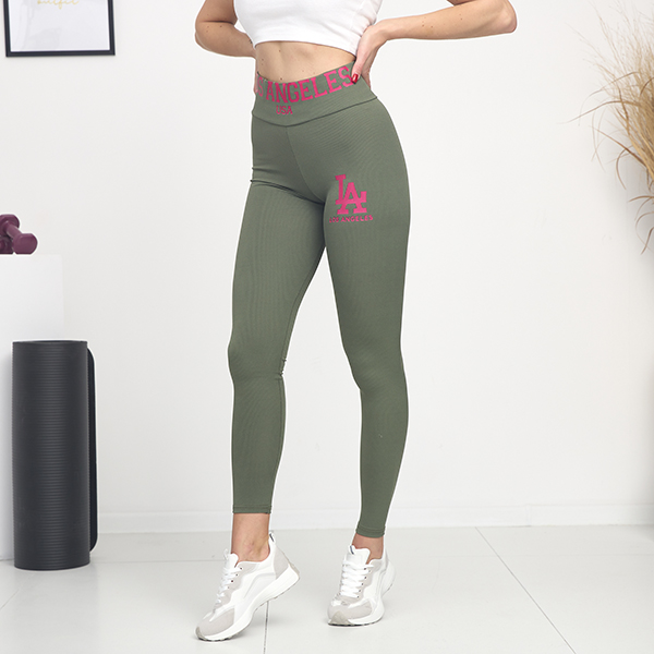 Women's green ribbed leggings with pink lettering - Clothing