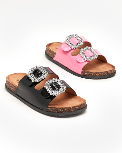Fuchsia women's slippers with decorated clasps. Olimika - Footwear