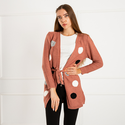 Dark pink women's tied cardigan with colored circles - Clothing