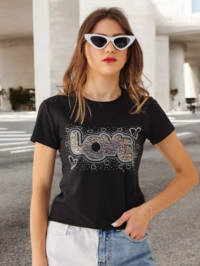 Royalfashion Puuvillane naiste T-särk ARMASTUS rhinestone'idega