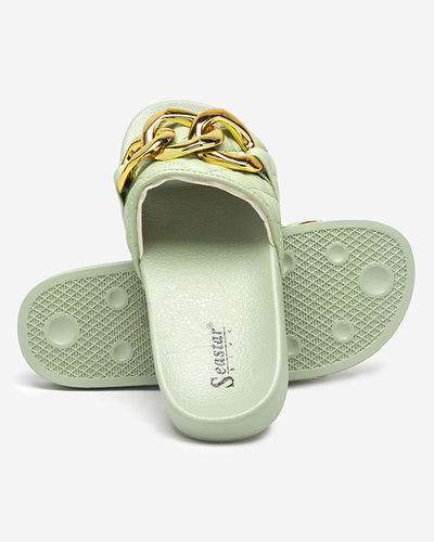 Women's green quilted slippers with a gold chain Eteris - Footwear