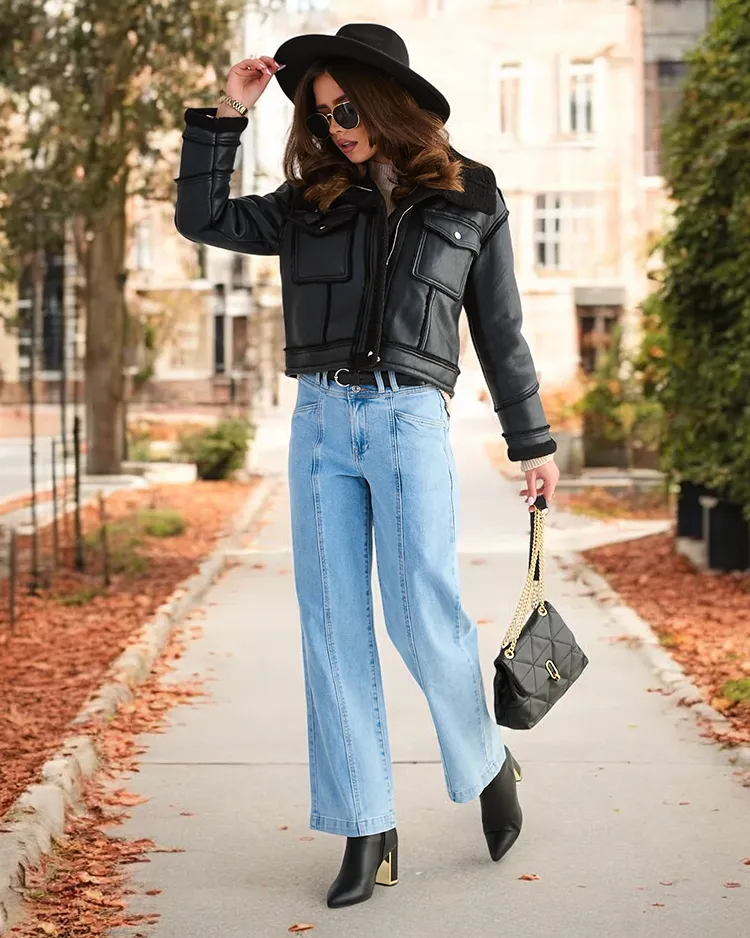 Royalfashion Kvinner's øko skinnjakke med pels i svart farge