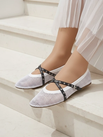 Royalfashion Calista Bianca Ballet Flats – Women's White Mesh Shoes with Black Straps