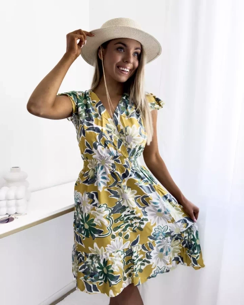 Mustard women's mini dress with floral print - Clothing
