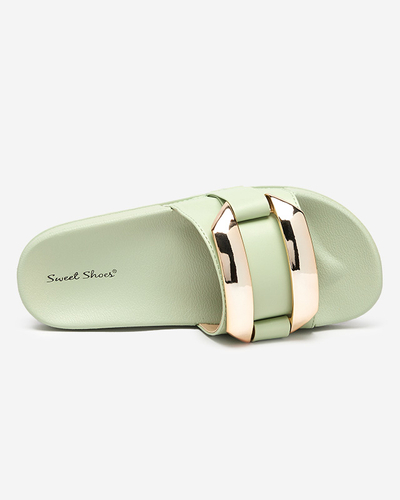 Women's green slippers with golden Serina ornament - Footwear