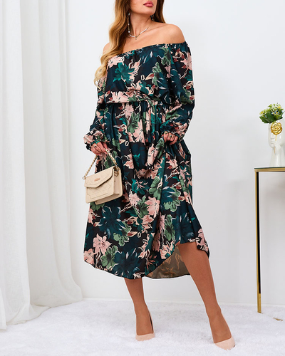 Royalfashion Must ja roheline lilleline maxikleit naistele