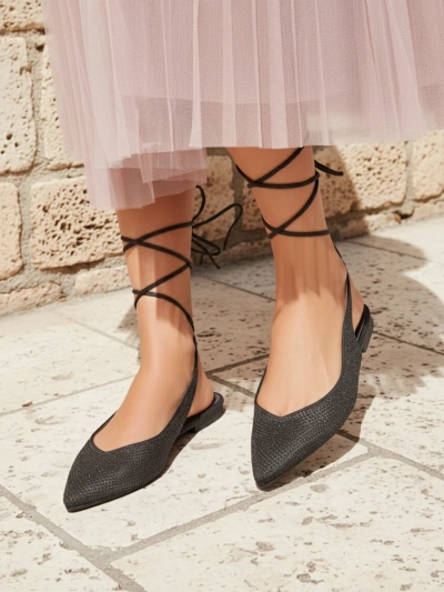 Damiane Nero Sandals - Black fabric-tied ballet flats, flat heel