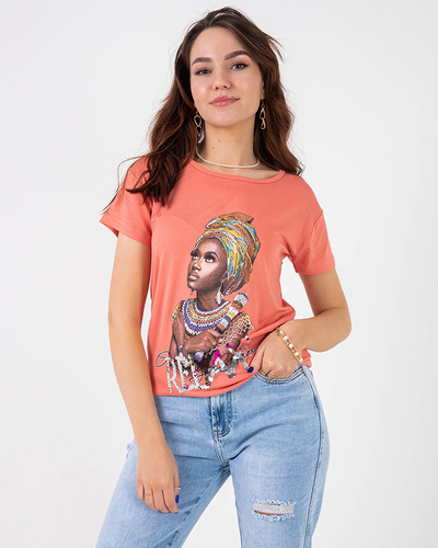 Orange women's t-shirt with colored print and sequins - Clothing