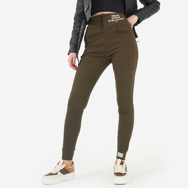 Women's green fabric treggings with decorative inscriptions - Clothing